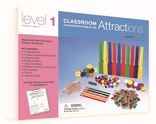 Dowling Magnets Classroom Attractions Comprehensive Magnet Lab: Level 1, Grades PreK-2 (Ages 4-7). Classroom Magnets/Science Kit/STEM Kit/Kids Magnets for Classroom/Science Experiments. Item 731301.