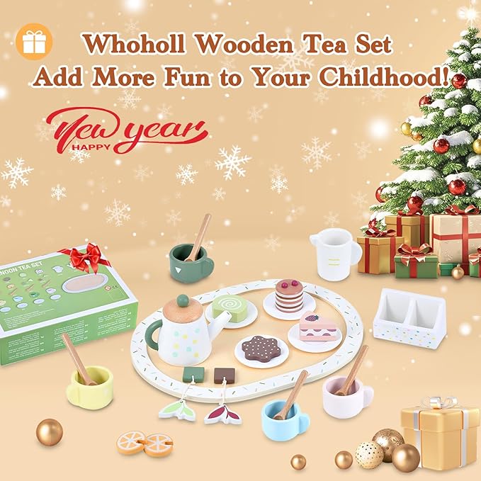 WHOHOLL Wooden Tea Party Set for Little Girls Play Food, Toddler Girl Toys Play Kitchen Accessories with Teapot Tea Cup Dessert Toys 4 Set Playset- Pretend Play Set for Toddlers 1 2 3 5