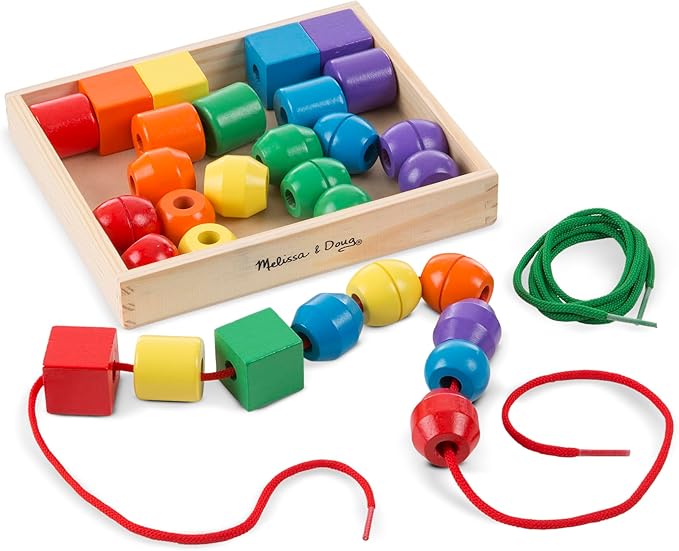 Melissa & Doug Primary Lacing Beads - Educational Toy With 30 Wooden Beads and 2 Laces For Toddlers, Fine Motor Skills Lacing Toys For Toddlers And Kids Ages 3+