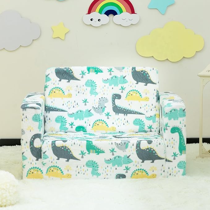 ALIMORDEN 2-in-1 Flip Out Cuddly Sherpa Toddler Couch, Convertible Sofa to Lounger, Dinosaur