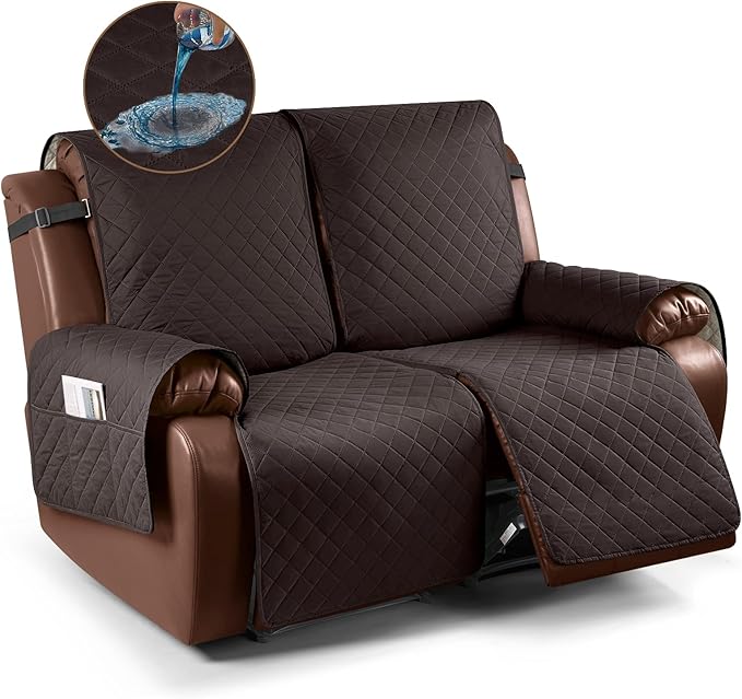 KinCam Waterproof Loveseat Recliner Cover, Non-Slip Reclining Couch Covers for 2 Seat, Recliner Sofa Cover Furniture Protector with Elastic Straps for Kids, Pets, Chocolate