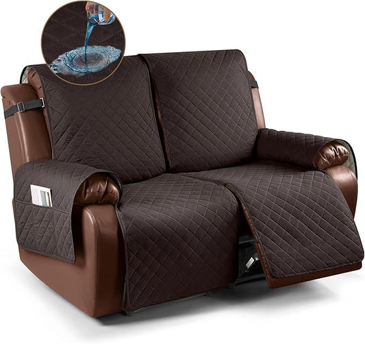 KinCam Waterproof Loveseat Recliner Cover, Non-Slip Reclining Couch Covers for 2 Seat, Recliner Sofa Cover Furniture Protector with Elastic Straps for Kids, Pets, Chocolate