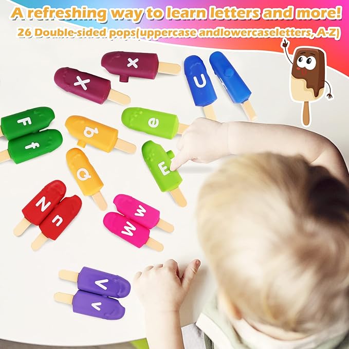 Toddler Alphabet Letters Matching Learning Toys,26 PCS Double - Sided ABC Letters Popsicle Toy Alphabet Match Game Color Sorting Recognition Fine Motor Skills Preschool Montessori Toys for Kids