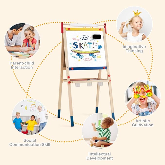 HONEY JOY Easel for Kids, Wooden Height Adjustable Standing Toddler Easel w/Magnetic Chalkboard & White Board, Paper Roll, Painting Accessories, Magnetic Alphabet, Art Easel for Boys Girls, Natural
