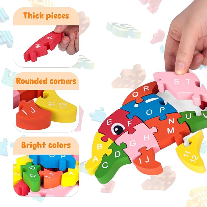LovesTown Dolphin Wooden Puzzle, 26PCS Jigsaw Puzzle Alphabet and Number Blocks Wooden Building Blocks for Kid Toddlers Preschool