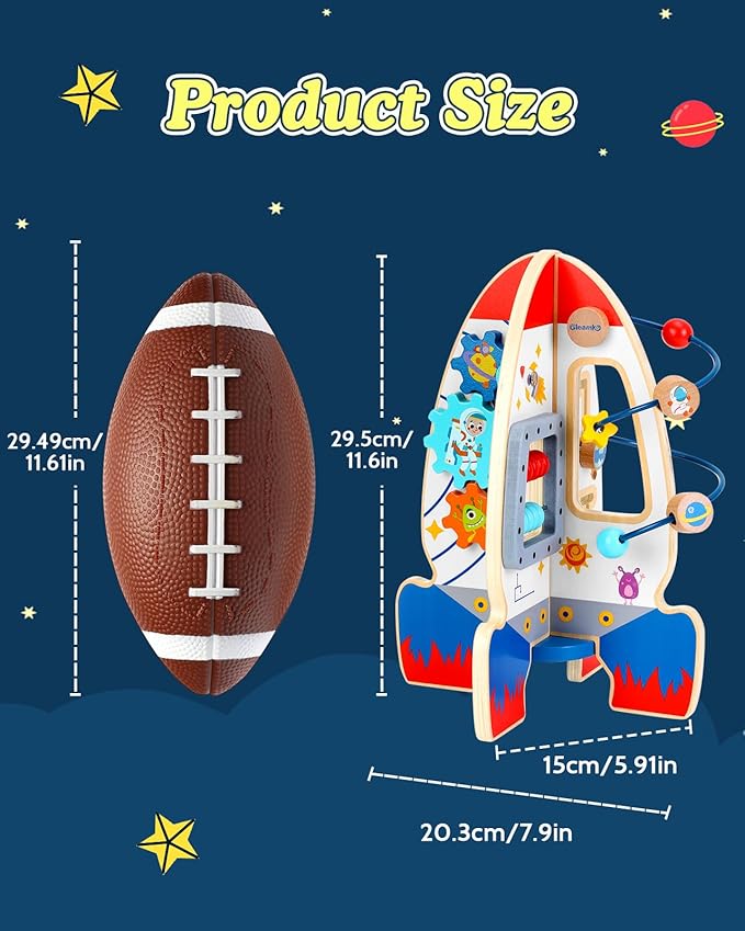 Baby Space Rocket Wooden Activity Cube Montessori Toys, 6-in-1 Sensory and Educational Learning Toys with Bead Maze Abacus, STEM Developmental Birthday Gifts for Toddler Boy Girl Ages 2 3 4