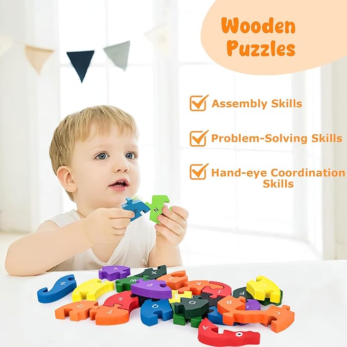 LOVESTOWN Alphabet Jigsaw Puzzle, Building Blocks Animal Wooden Puzzle, Wooden Snake Letters Numbers Block Toys for Kids Birthday Gifts