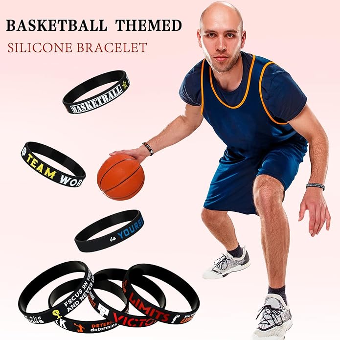 Zhanmai 48 Pieces Basketball Bracelets Silicone Motivational Wristbands, Silicone Inspirational Bracelets Basketball Party Favors for Men Women Sports Birthday Sports Themed Class of 2025 Gifts Party