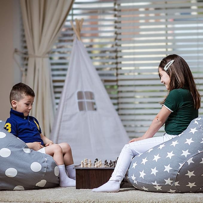 Wekapo Stuffed Animal Storage Bean Bag Chair Cover for Kids | Stuffable Zipper Beanbag for Organizing Children Plush Toys Large Premium Cotton Canvas (Grey Star, XX-Large)