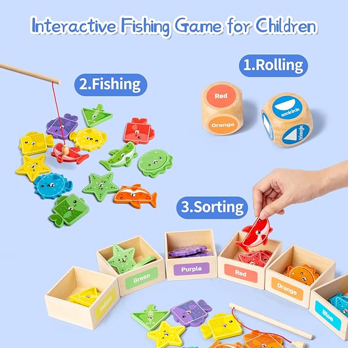 Montessori Toys for Toddlers 1-3,Wooden Magnetic Fishing Game Educational Shape & Color Sorting for Kid 3-5,Boy Girl Preschool Learning Motor Skill Matching Activities Toys for Ages 2-4(Box)