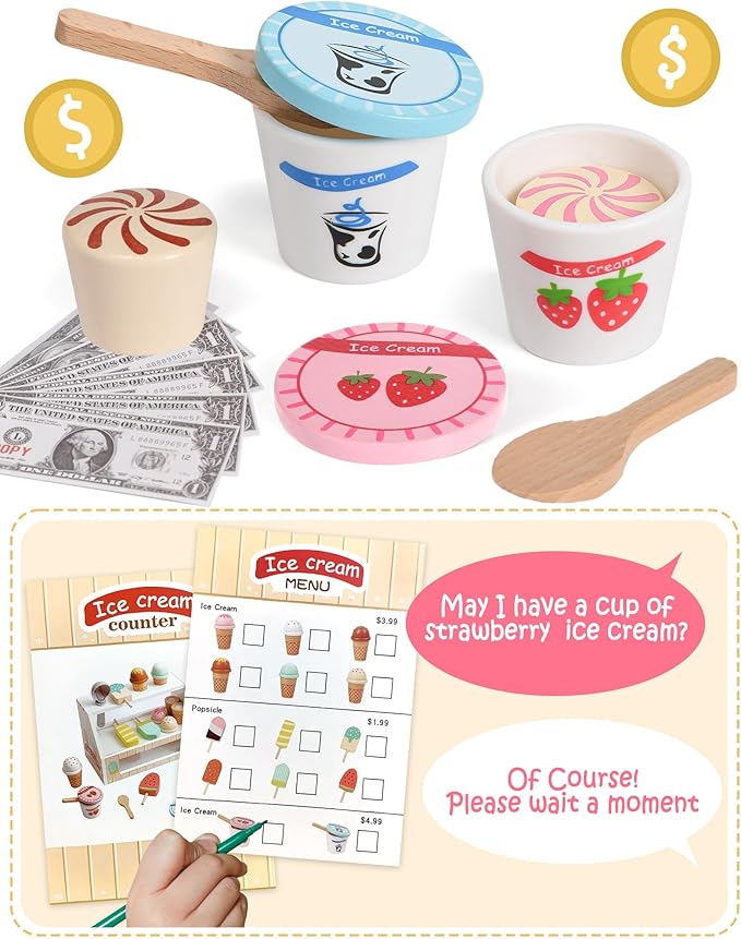 Toyssa Wooden Ice Cream Toys Kids Pretend Play Store Toys for Toddlers Girls 3 4 5 6, Wooden Food Christmas Birthday Gifts Play Kitchen Accessories for 2 3 4 5 Year Old Girls Boys