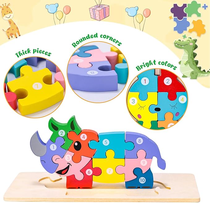LovesTown Animal Wooden Puzzle, Jigsaw Alphabet Number Blocks, Educational Toy for Toddlers, Ideal for Gifting and Learning