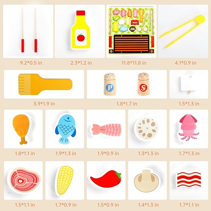 Wooden Toddler BBQ Toy Set Simulates Cooking, Grilling, Food Shape Matching Game Toddler Grill Toy for Boys and Girls 3, 4, 5, 6 Years Old, Gift for Kids