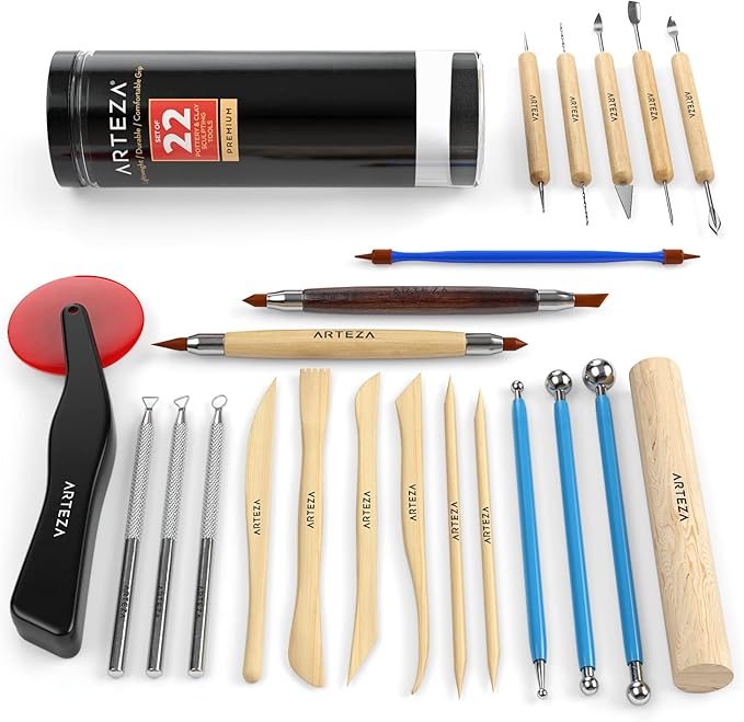 ARTEZA Pottery & Polymer Clay Tools, 22-Piece Sculpting Set, Steel Tip Tools with Wooden Handles, Craft Kit for Modeling, Carving