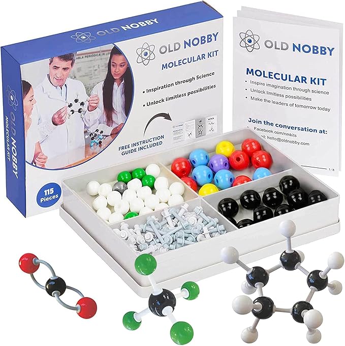 Old Nobby Chemistry Model Kit - 115 Piece Molecular Model Set with Atoms, Bonds, and Instructional Guide - STEM Science Tool for Students, Organic Chemistry and Molecular Learning - Colorful Models