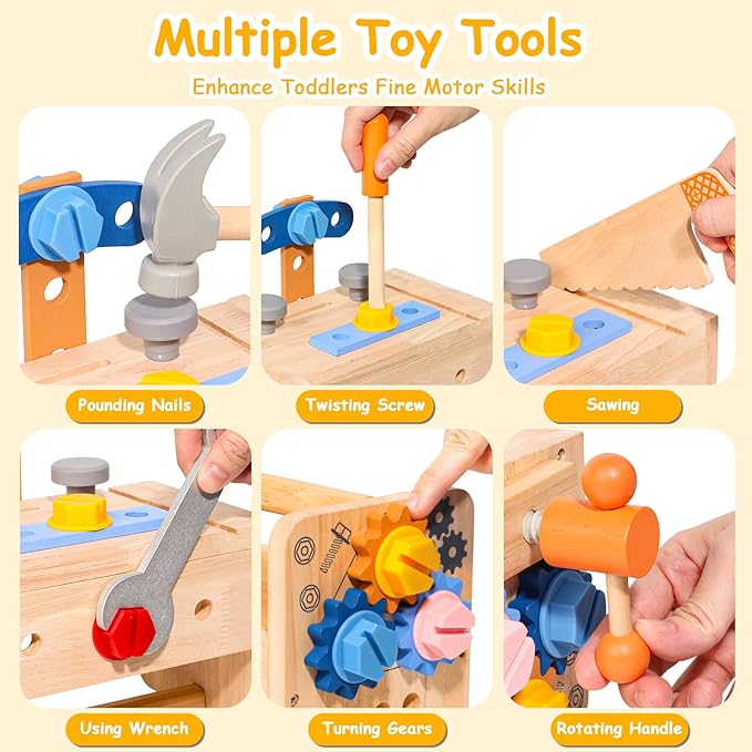 Wooden Kids Tool Set, Toddler Tool Bench with Apron 2 Year Old Toys Gift STEM Montessori Toys for 2 3 4 Year Olds Pretend Play Toddler Tool Set Educational Construction Toy for Toddler(39PCS)