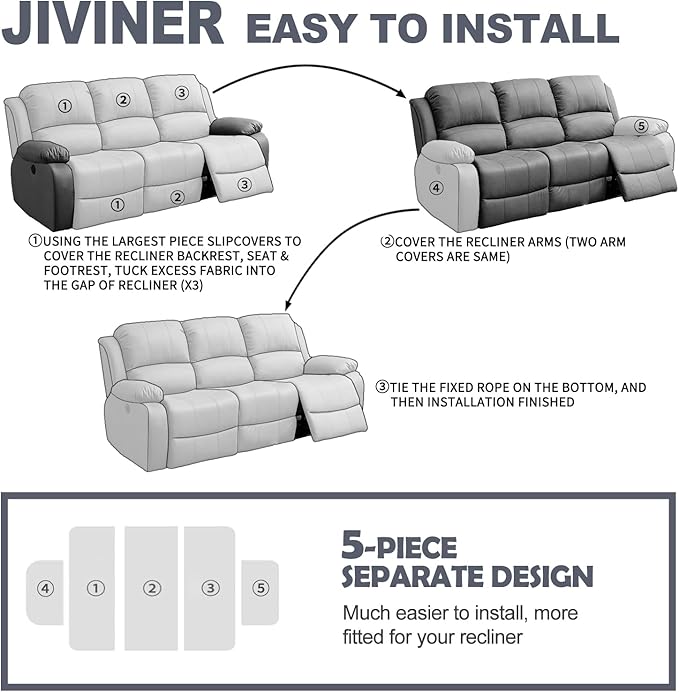 JIVINER Recliner Couch Cover, Jacquard 5 Piece Stretch Sofa Covers for 3 Cushion Reclining Lazy Boy Soft Washable Sofa Slipcovers Protector with Pockets (Recliner Sofa, Khaki)