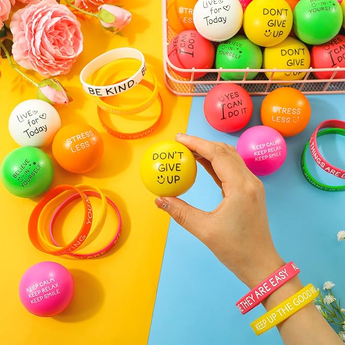 Shappy 144 Pcs Motivational Party Favor Includes 72 Stress Relief Motivational Stress Balls 1.97 Inch Mini Foam Balls 72 Inspirational Silicone Bracelets Quote Silicone Wristbands (Bright Color)