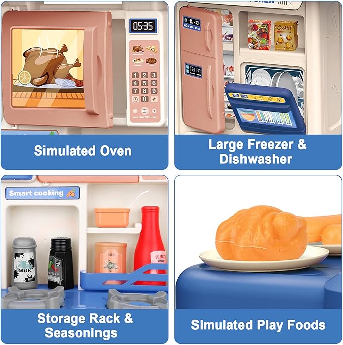 deAO Kids Kitchen Playset 35PCS Play Kitchen Toys Accessories with Sounds Lights,Cooking Stove Steam,Pretend Play for Toddler Aged 3 4 5 6 7 8 Years (Blue)