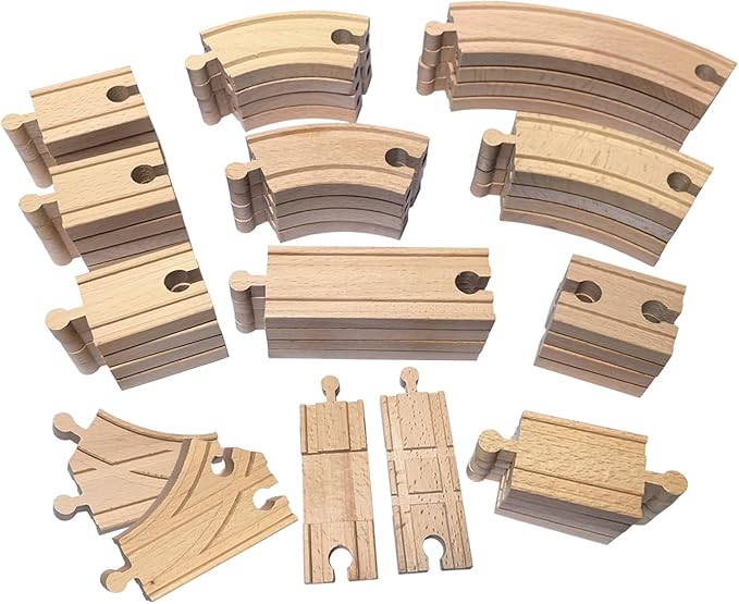 Wooden Train Track 44 Piece Set, Train Track Expansion Compatible with All Major Railroad Brands Including Thomas Wooden Train, Brio, Thomas The Tank Engine