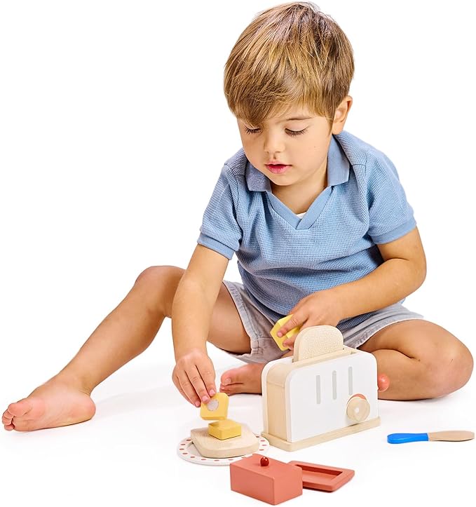 Mentari Toys - Rise and Shine Toaster Set - 10 Pcs Classic Wooden Pop Up Toaster Toy for Pretend Cooking - Develops Social, Creative & Imaginative Skills Learning Role Play - Age 3+