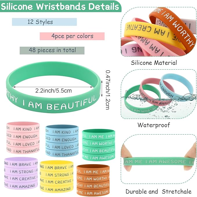 Sratte 48 Pcs Inspirational Silicone Wristbands Rubber Stretch Unisex Bracelets Student Gift Stocking Suffers for Class(Fresh Color)