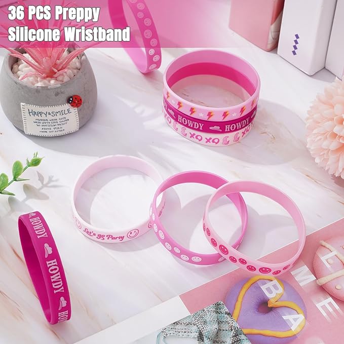 Whaline 36Pcs Preppy Silicone Bracelets Pink Gradient Smile Face Lightning Wristbands Let's Go Party Rubber Bracelets for Birthday Party Favor Supplies, 6 Designs