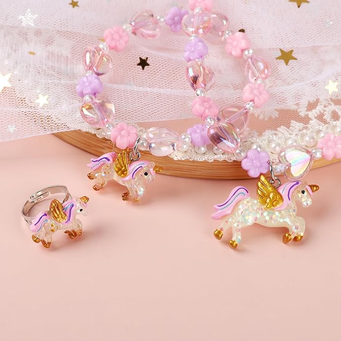 Todder Girls Jewelry Set,Girls Unicorn Necklace Ring Set,Girls Love Necklace Party Favors little Girls Pretend Dress up Play Jewelry,Children Unicorn Ring