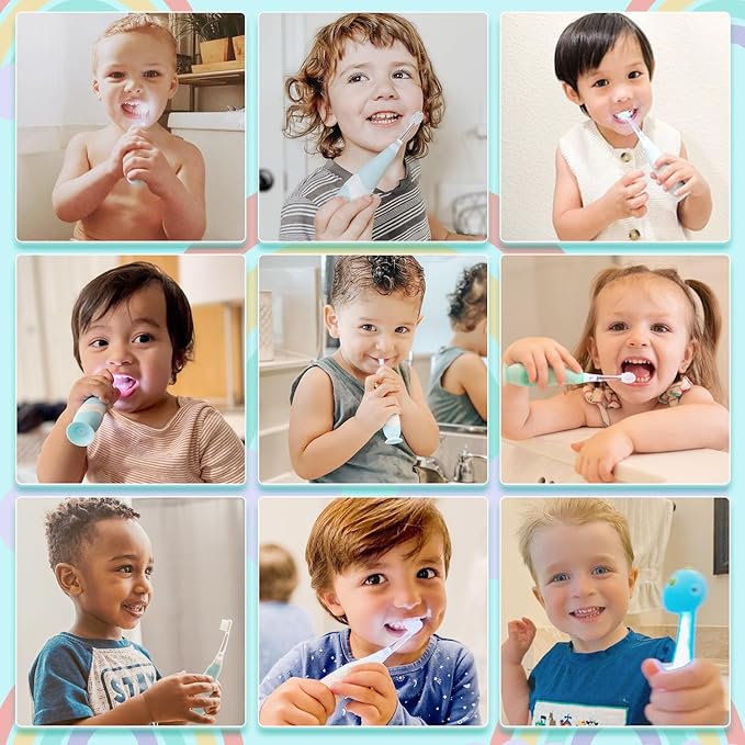 Papablic Toddler Sonic Electric Toothbrush for Ages 1-3 Years, Baby Electric Toothbrush with Cute Dino Cover and Smart LED Timer, 2 Brush Heads (Debby)
