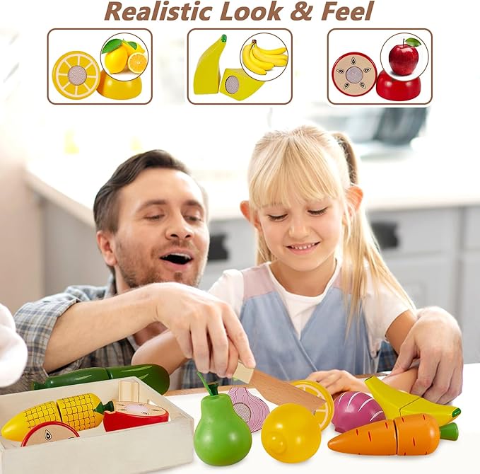 HERSITY Wooden Play Food Set Cutting Fruits and Veggies Toys for Toddlers 1-3, Pretend Play Kitchen Accessories Montessori Educational Toys Gifts for Kids Boys Girls 18 Months+