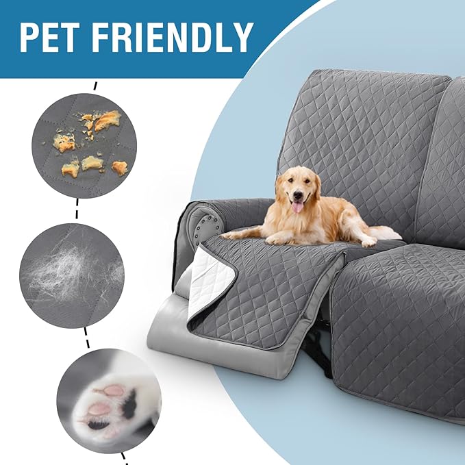 H.VERSAILTEX 100% Waterproof Recliner Sofa Cover Recliner Couch Cover for 3 seat Non Slip Reclining Couch Cover for Dog Washable Furniture Protector with Elastic Straps(Recliner Sofa, Rocket Gray)