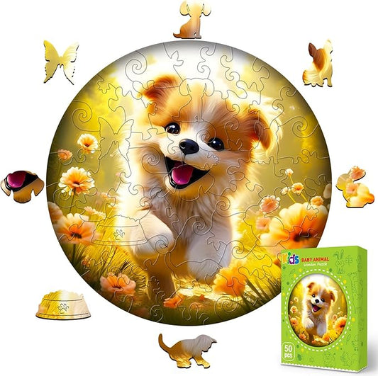 Wooden Jigsaw Puzzles for Kids Ages 4-6, 50 Piece Unique Shape Animal Theme Puzzle - Preschool Learning Educational Toys for Kids 3+, Valentines Day Birthday Easter Gifts for Kids Girls Boys (Puppy)