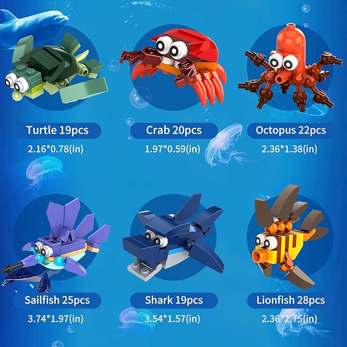 12 In 1 Pre Filled Sea Creatures Building Block Set-12 Pcs Mini Building Blocks Toys, STEM Building Blocks Toys, Classroom Prize Toys, Party Favor for Kids,Birthday,Goodie Bags,Carnival Prizes