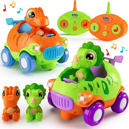 Remote Control Car for Toddlers 1-3: Dinosaur RC Cars Toys for Kids 2-4 with Led Lights Music, Christmas Birthday Gifts for 3-5 Year Old Boys, 2 Packs for Racing