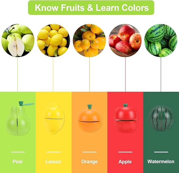 WHOHOLL Wooden Play Food with Wooden Tray & Knife, Pretend Play Cutting Food Toys, Fruits Toy Food Sets for Kids Kitchen, Mini Food Toy, Montessori Toys Learning Resources for 1-5 Year Old Toddlers