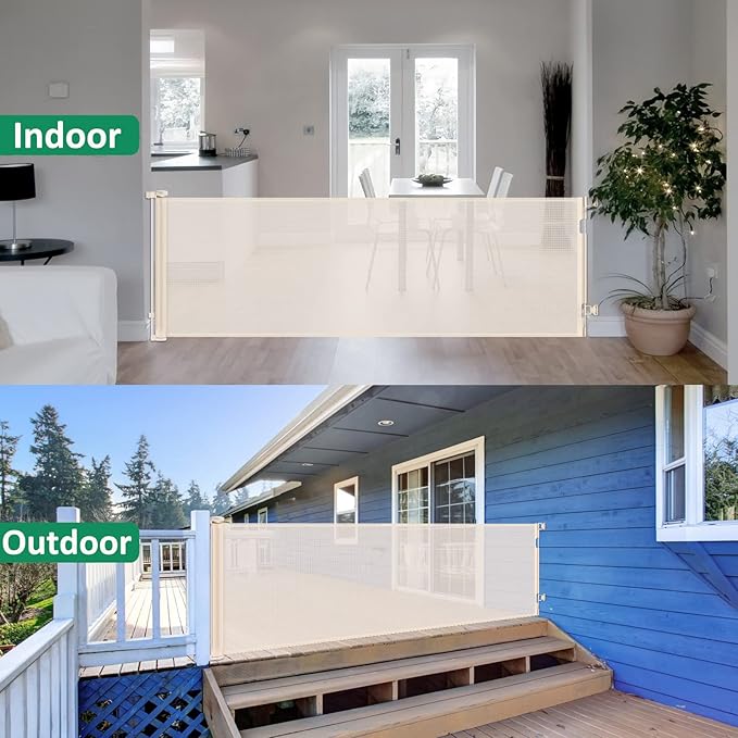 110 Inch Extra Wide Retractable Baby Gate for Large Openings Pet Gates for Dogs Indoor Retractable Baby Gates Outdoor Dog Gates for The House Extra Wide Baby Gate Large Dog Gate for Doorways, Beige