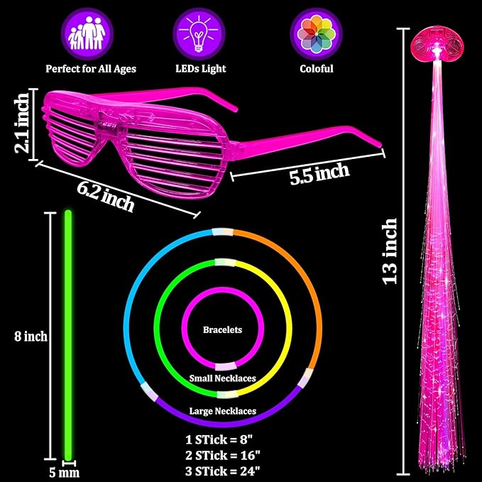168 PCS Glow Party Supplies Light Up Party Favors with 16 Foam Glow Sticks, 16 LED Glasses,120 Glow Sticks Bracelets and 16 LED Hair Clips Fiber Optic Neon Accessories for Birthday, Wedding, Concert
