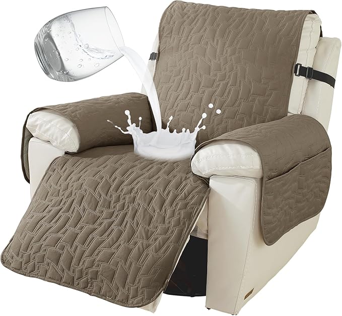 100% Waterproof Recliner Chair Covers for Reclining Chair, Small Recliner Covers That Stay in Place, Non-Slip Recliner Armchair Cover with Pockets for Kids, Pets, Dogs, Cat, Washable,Coffee,28