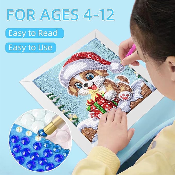 Christmas Diamond Art for Kids with Frame-Dog Kids Diamond Painting Kits,Animal Diamond Painting Kits for Kids 8-12 Full Drill Gem Art for Home Decor 7x7inch