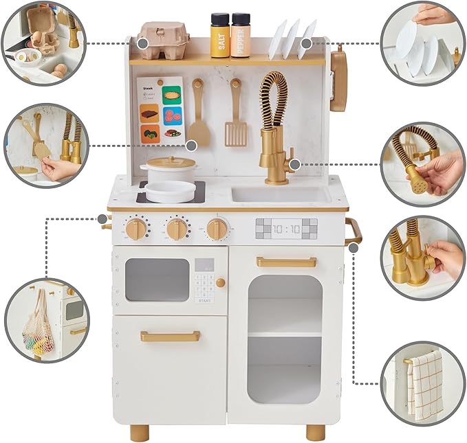 Teamson Kids Little Chef Memphis Wooden Play Kitchen with Interactive, Realistic Features, and 16 Kitchen Accessories for 3yrs and up, Light Oak/Faux White Marble/Gold