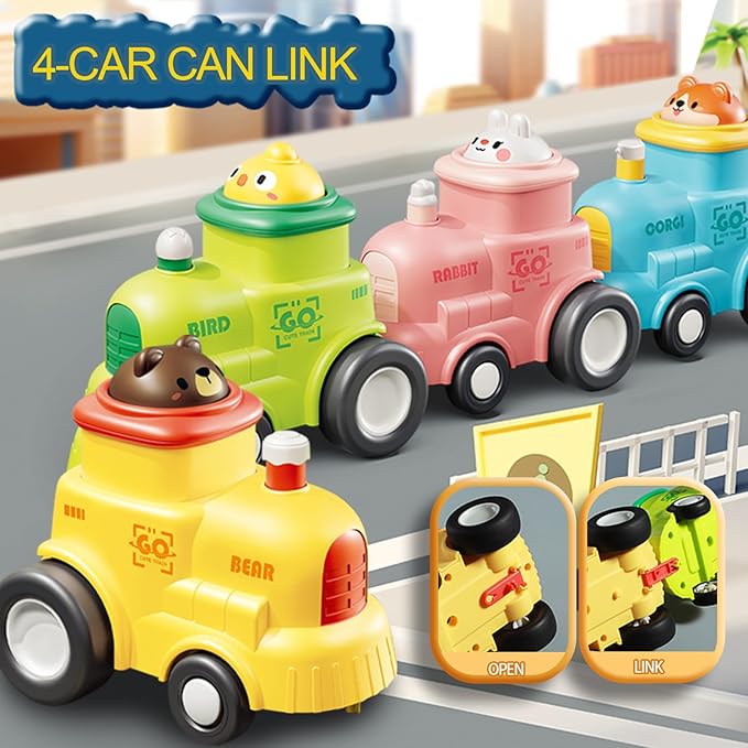 4 in 1 Toddler Train & Car Toys Set - Press & Go Animal Racing Cars for 1-3 Year Old Boys, Baby Vehicle Toys for 6-18 Months, First Birthday Gift for Toddler Boys