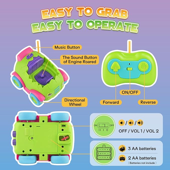 Nueplay Remote Control Car for Toddler Age 2 3 4 5, Electric RC Car Toys with Light & Music, Toddler Dinosaur Toys, Dino Figures Truck Race Car Vehicles, Christmas Birthday Gift for Boys & Girls