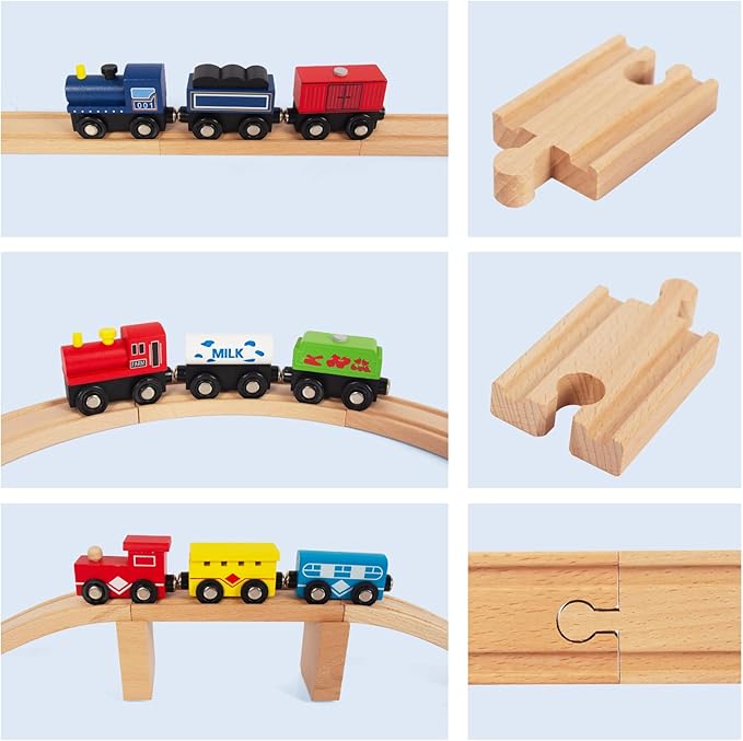 Wooden Train Tracks 58 Piece Set, Track Expansion and 9 Distinct Pieces - 100% Compatible with All Major Brands Including Thomas Wooden Railway System