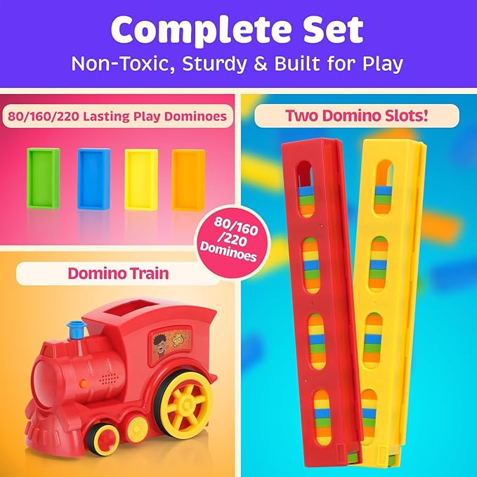220 Dominoes Train Set - Automatic Rally Setter for Boys & Girls - Creative for Ages 3-10 - Montessori Toy with Colorful Tracks - Fun Christmas & Birthday Toy, Automatic Block Laying Stacker Game