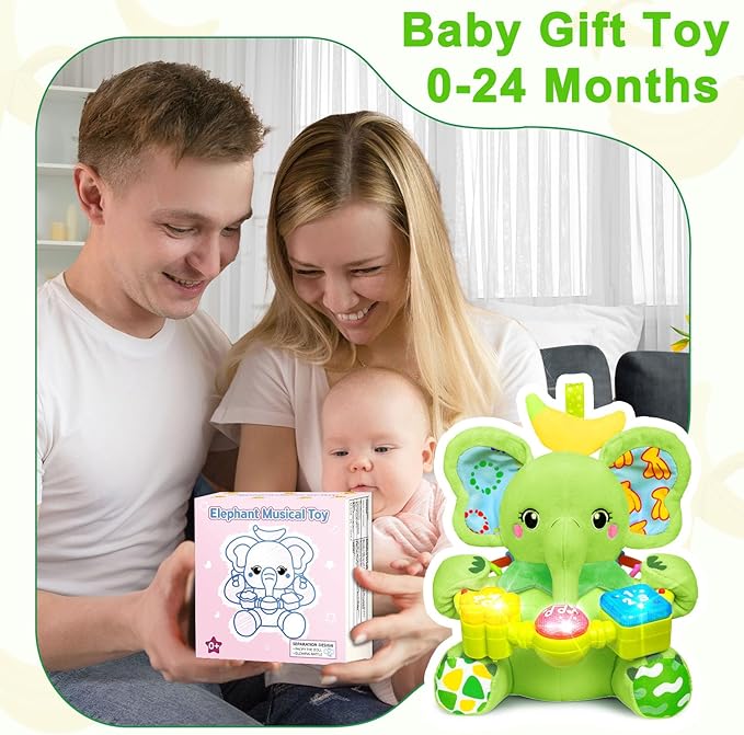 Holaxander Baby Elephant Musical Stuffed Animals Toy with Light-Up Music & Crinkle Sound Paper,Infant Bilingual Early Learning Education Toys,Tummy Time Toys for 0-3-6-12+ Months Boy Girl, Green