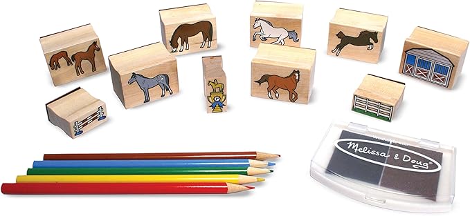 Melissa & Doug Wooden Stamp Activity Set: Horse Stable - 10 Stamps, 5 Colored Pencils, 2-Color Stamp Pad - Horse Stamps With Washable Ink, Horse Gifts For Girls And Boys Ages 4+