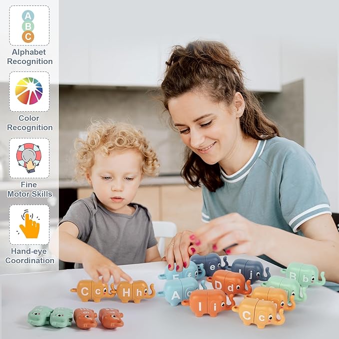 10PCS Elephant Number & Alphabet Learning Toys for Toddlers 2-4, Toddler Preschool Learning Activities, Educational Montessori Toys for 2 Year Old, Double Sided Matching Game 1-10 & A-J