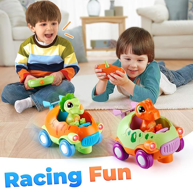 Remote Control Car for Toddlers 1-3: Dinosaur RC Cars Toys for Kids 2-4 with Led Lights Music, Christmas Birthday Gifts for 3-5 Year Old Boys, 2 Packs for Racing