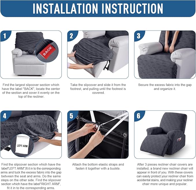 TAOCOCO Recliner Cover 3 Pieces Recliner Chair Covers, Stretch Jacquard Reclining Chair Cover, Furniture Protector Sofa Slipcovers Couch Covers with Elastic Bottom for Kids, Pets (Dark Grey)