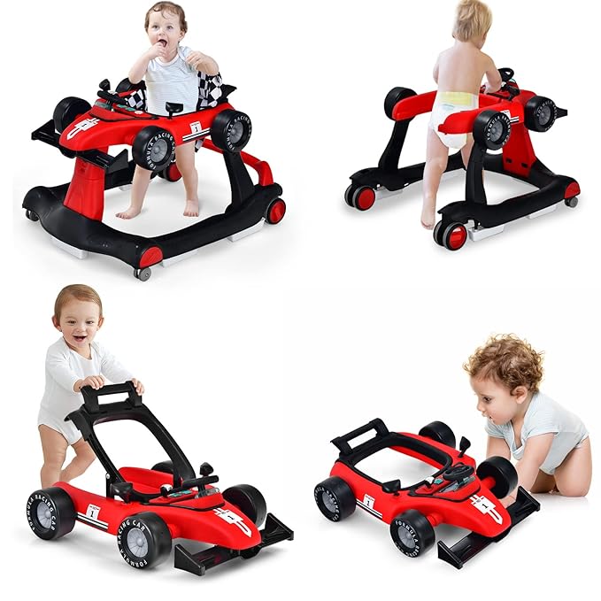 HONEY JOY 4-in-1 Baby Walker, Activity Push Walker w/3 Adjustable Heights, Smooth Wheels w/Adjustable Speed, Padded Seat, Music & Light, Foldable Car Walker for Baby Boys Girls Age 6 Months+ (Red)